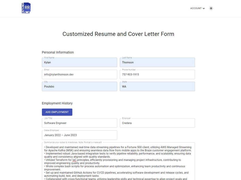 Resume Revival resume generation interface