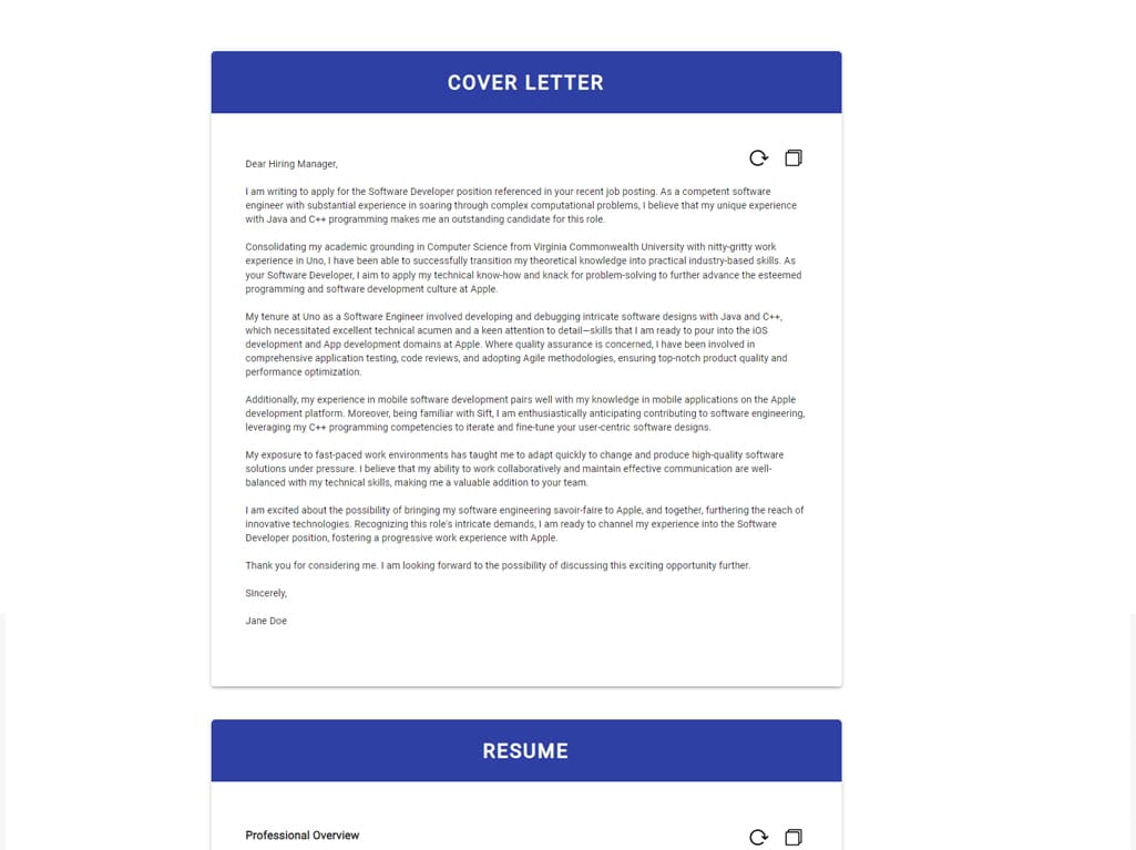 Resume Revival tailored output view