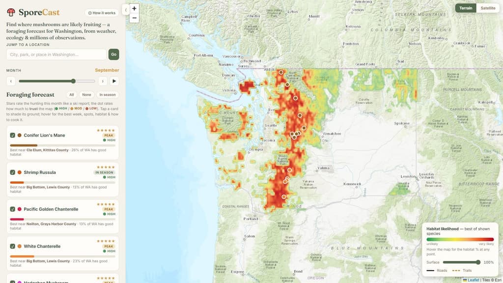 SporeCast forecast map of Washington State with habitat likelihood and in-season species cards
