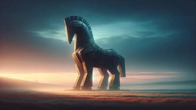 Generated stock image: a geometric Trojan horse at dawn