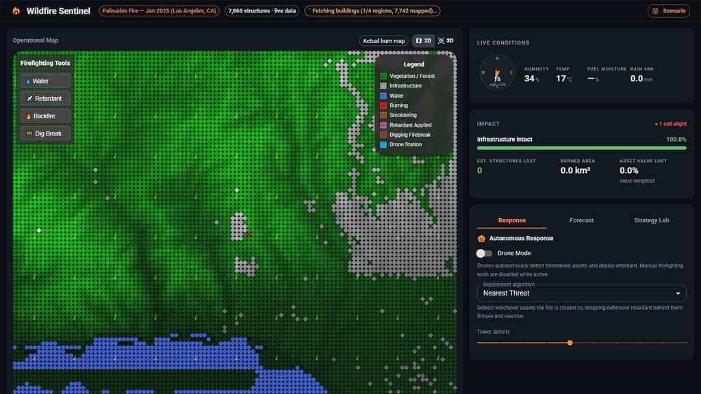Wildfire Sentinel operational map at ignition with live conditions and firefighting tools